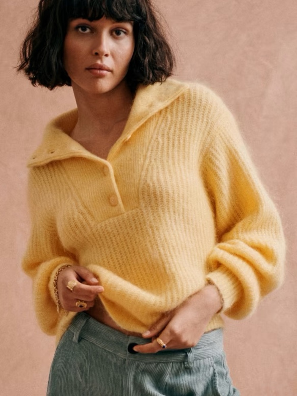 Sezane “Mickey” Canary Yellow Button Down Cowl Polo Sweater